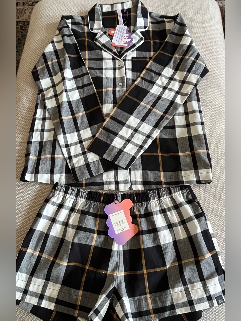NWT Yitty Black and White Plaid Flannel Pajama Short Set Size XS